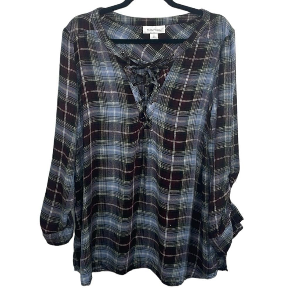Motherhood Maternity Plaid Tunic Roll Tap Sleeves V cross string tie Size Large
